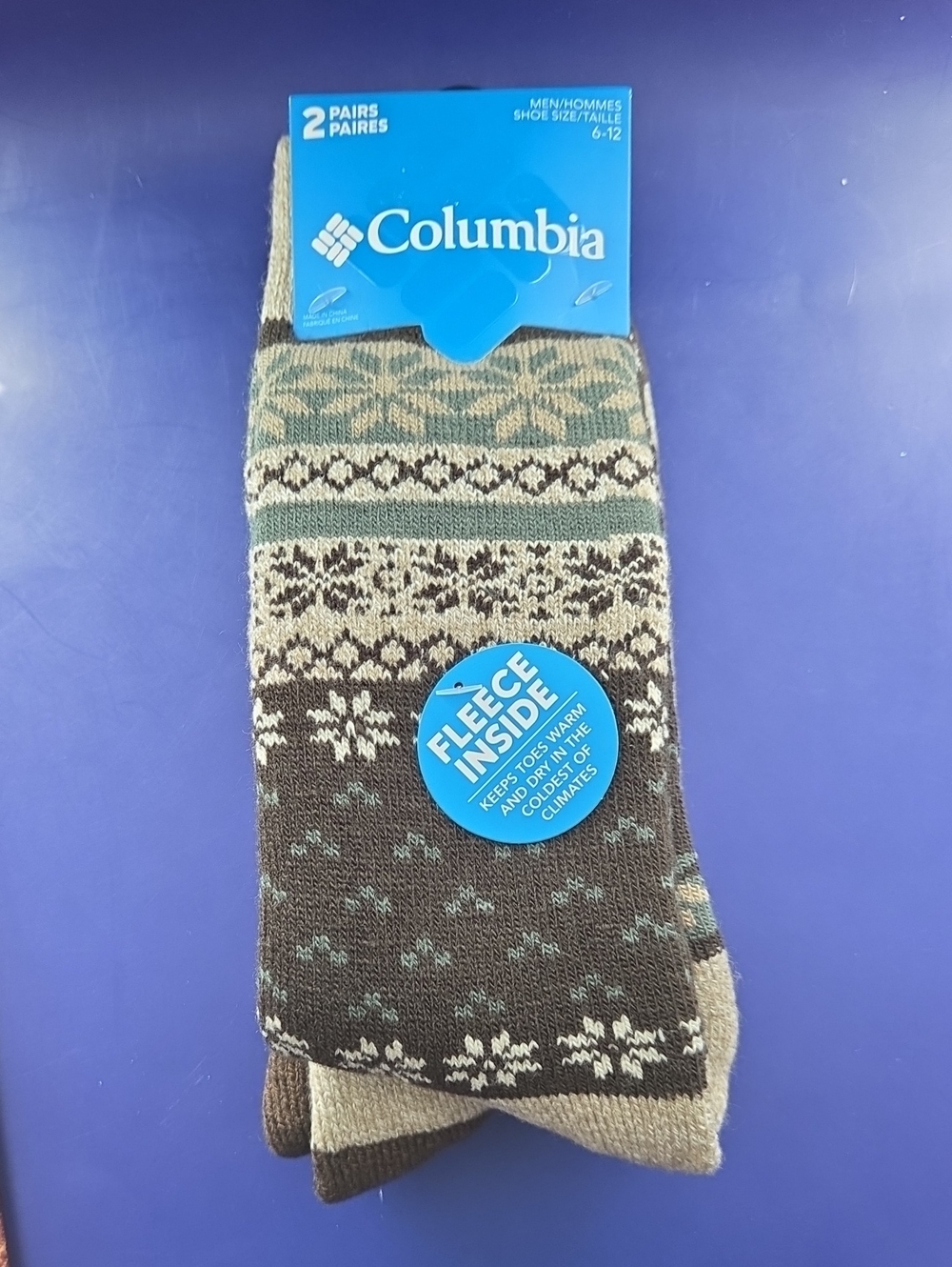 Columbia Men's Fleece-Lined Patterned Crew Socks - Green/ Brown/ Cream 2 Pairs